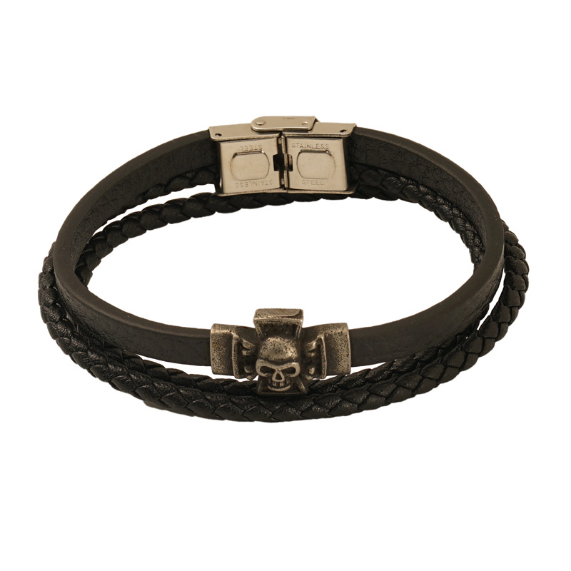 1 Paar Retro All-Match Totenkopf Lederschnur geflochtenes Armband Herren Titan Stahl Magnetverschluss Armband Zubehör Herren Herrenarmband Bild6
