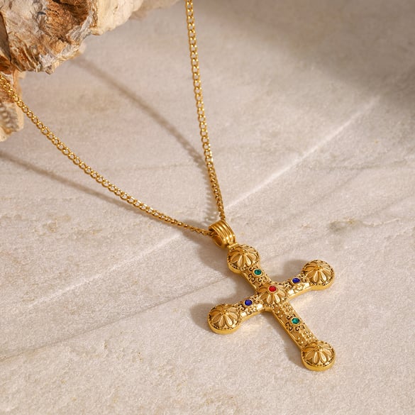 1 Piece Classic Series Europe and America Cross Stainless Steel 18K Gold Plated Rhinestone Women Pendant Necklaces