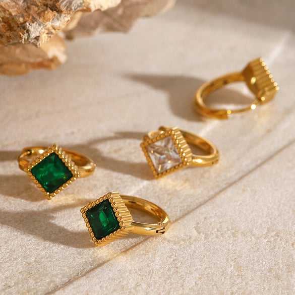 1 Pair Romantic Series Retro Geometric Stainless Steel 18K Gold Plated Artificial Gemstone Women Hoop Earrings