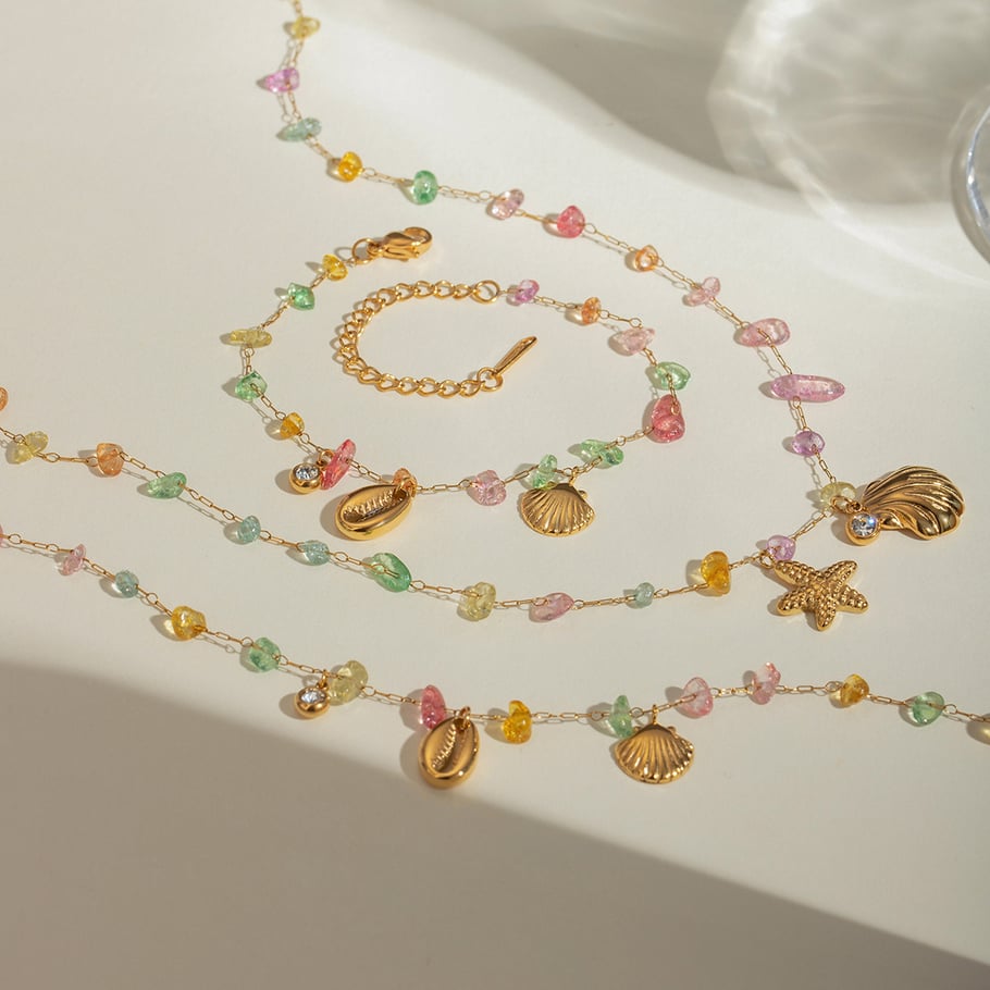 Grenzüberschreitender europäischer und amerikanischer Ins-Stil 18 Karat Gold Edelstahl Strass farbige Kiesschale Seestern Strass Anhänger Schmuck Großhandel Bild5