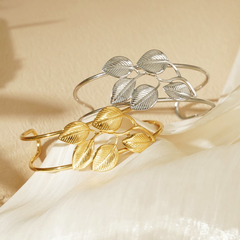 1 Piece Exquisite Series Natural Leaf Stainless Steel Gold Color Women's Bangles Picture7