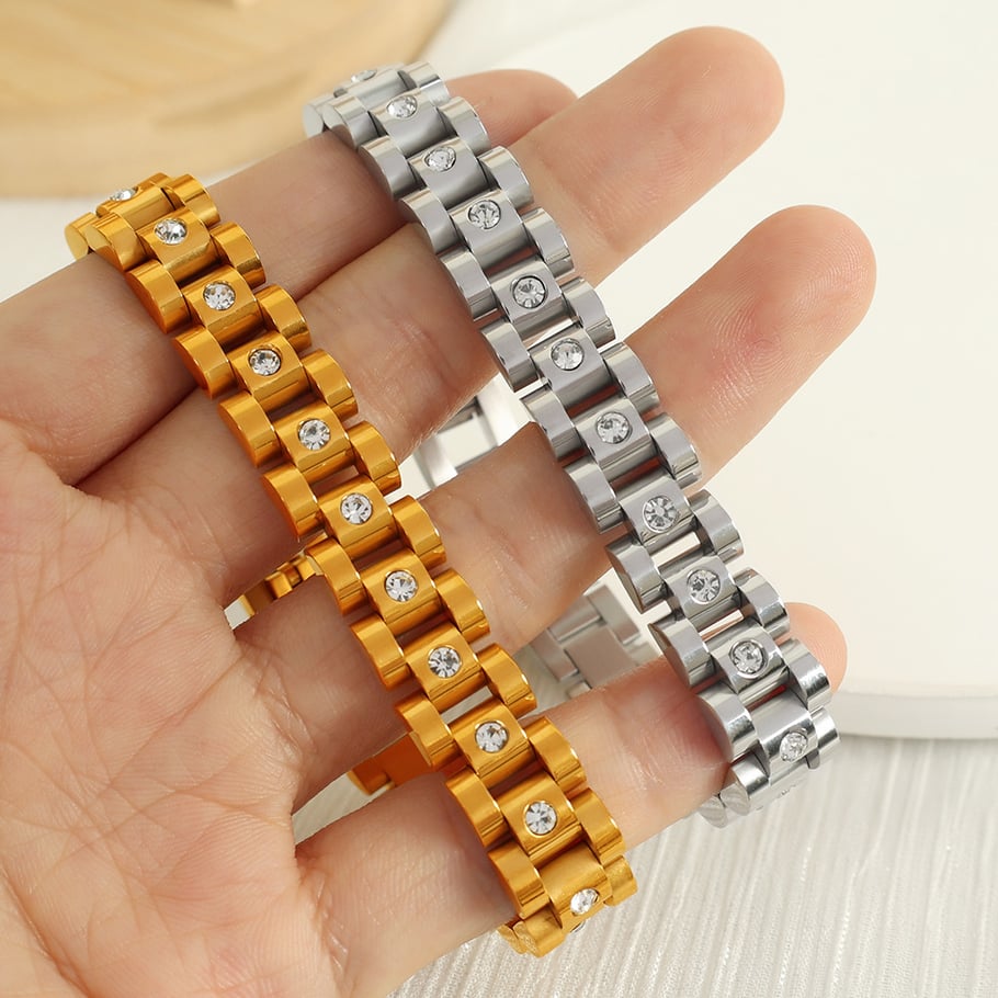1 Piece Simple Series Retro Geometric Titanium Steel 18K Gold Plated Rhinestone Women Chain Bracelets Picture4