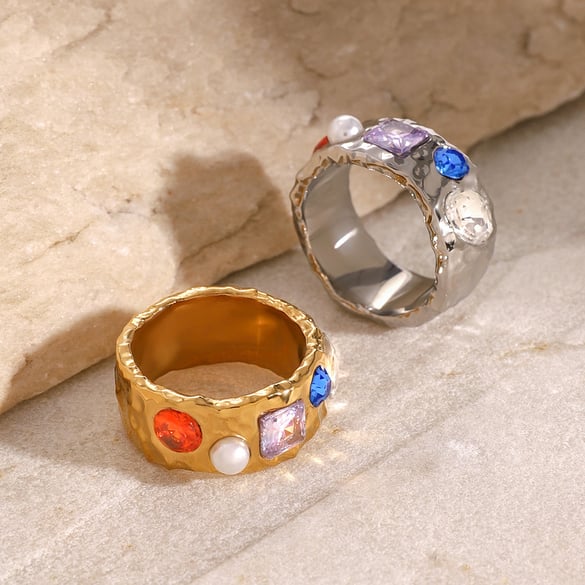 1 paire de bagues simples géométriques rétro en acier inoxydable plaqué or 18 carats et zircon pour femme, série classique 2