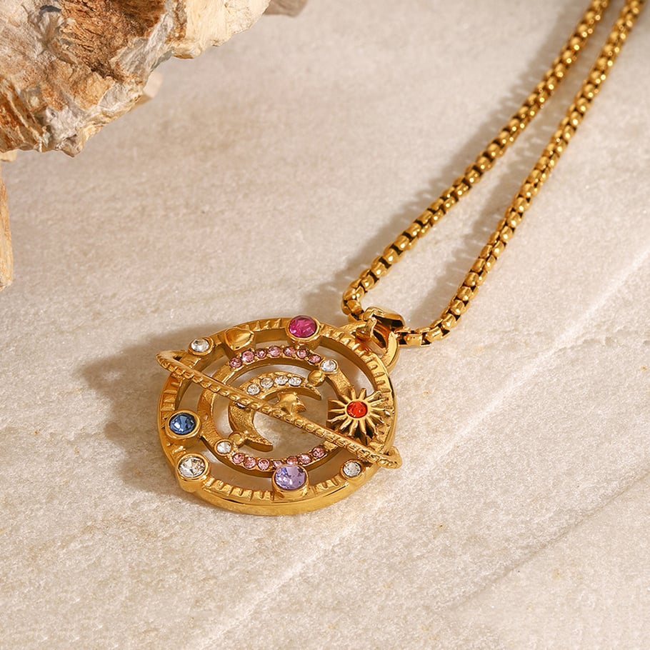 1 Piece Luxurious Series Elegant Sun/Moon Stainless Steel 18K Gold Plated Rhinestone Women Pendant Necklaces Picture3