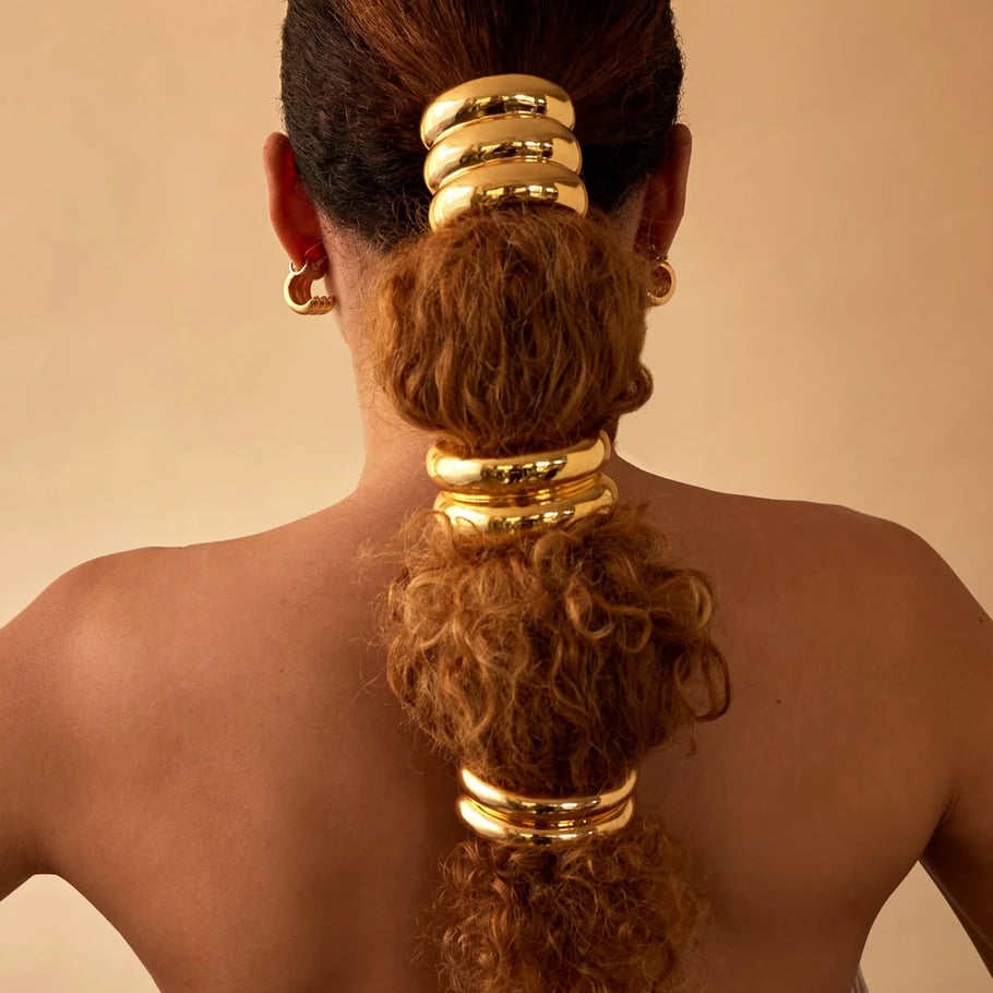 europäischer und amerikanischer internet--trend edelstahl 18 karat gold edelstahl halbkreisbogen glänzend schwarz gummiband haarring zubehör  Bild3