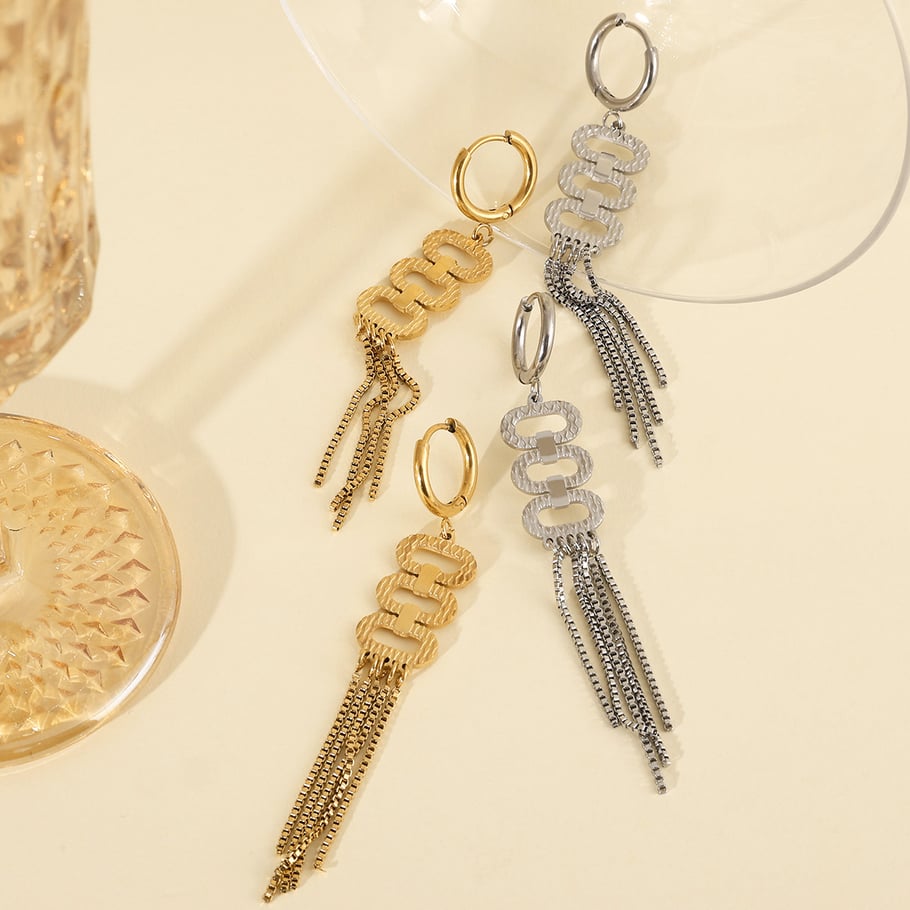 1 Pair Sophisticated Series Sleek Oval Tassel Titanium Steel Gold Color Women's Drop Earrings Picture4