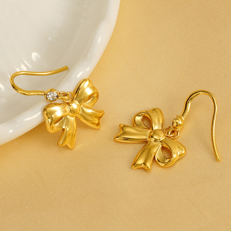 1 Pair Ins Fashionable Style Bowknot Shape Titanium Steel 18K Gold Plated Inlay Artificial Crystal Women's Drop Earrings Picture4