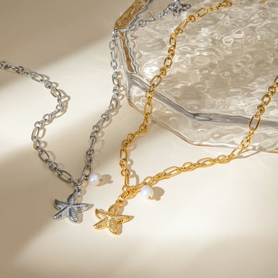 europäische und amerikanische grenzüberschreitende -stil persönlichkeit vielseitig exquisite 18 karat gold edelstahl seestern perlenanhänger halskette schmuck  h5 Bild2