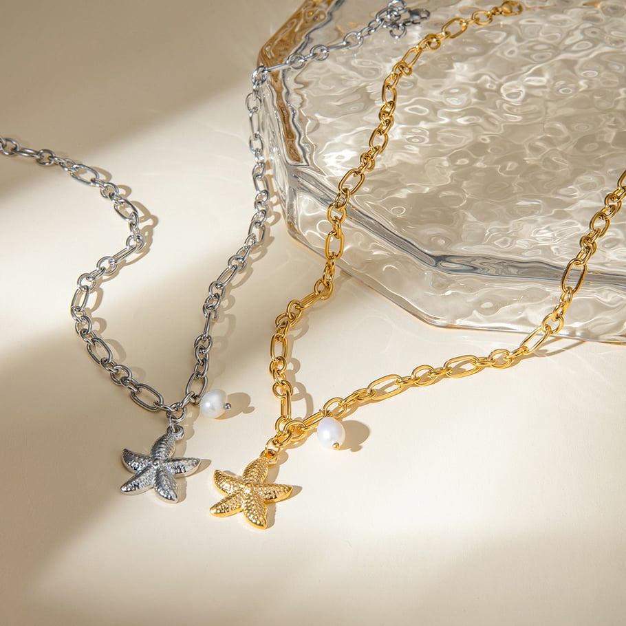 europäische und amerikanische grenzüberschreitende -stil persönlichkeit vielseitig exquisite 18 karat gold edelstahl seestern perlenanhänger halskette schmuck  Bild2