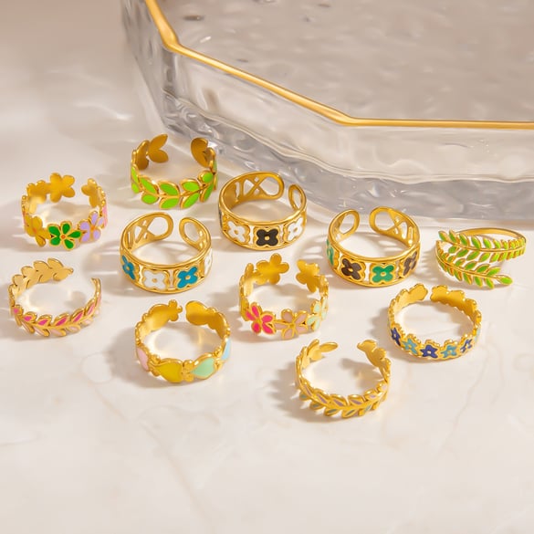1 Piece Charming Series Exquisite Colorful Flower Oil-spot Glazing Stainless Steel Gold Color Women's Adjustable Rings 2