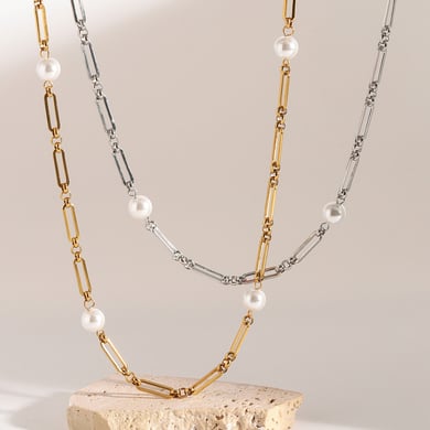 1 Stück Simple Series Elegante geometrische Edelstahl 18 Karat vergoldete Kunstperlen Damen Kettenhalsketten h5 Bild3