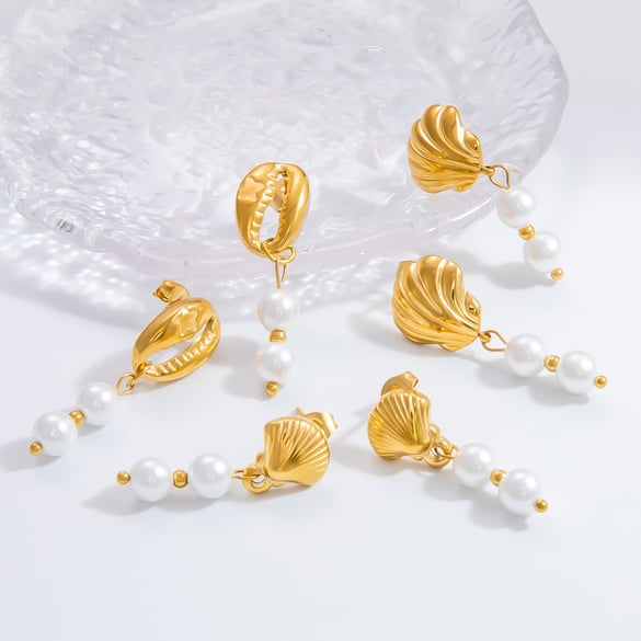 1 Pair Graceful Series Elegant Conch Shape Beads Stainless Steel Gold Color Women's Drop Earrings