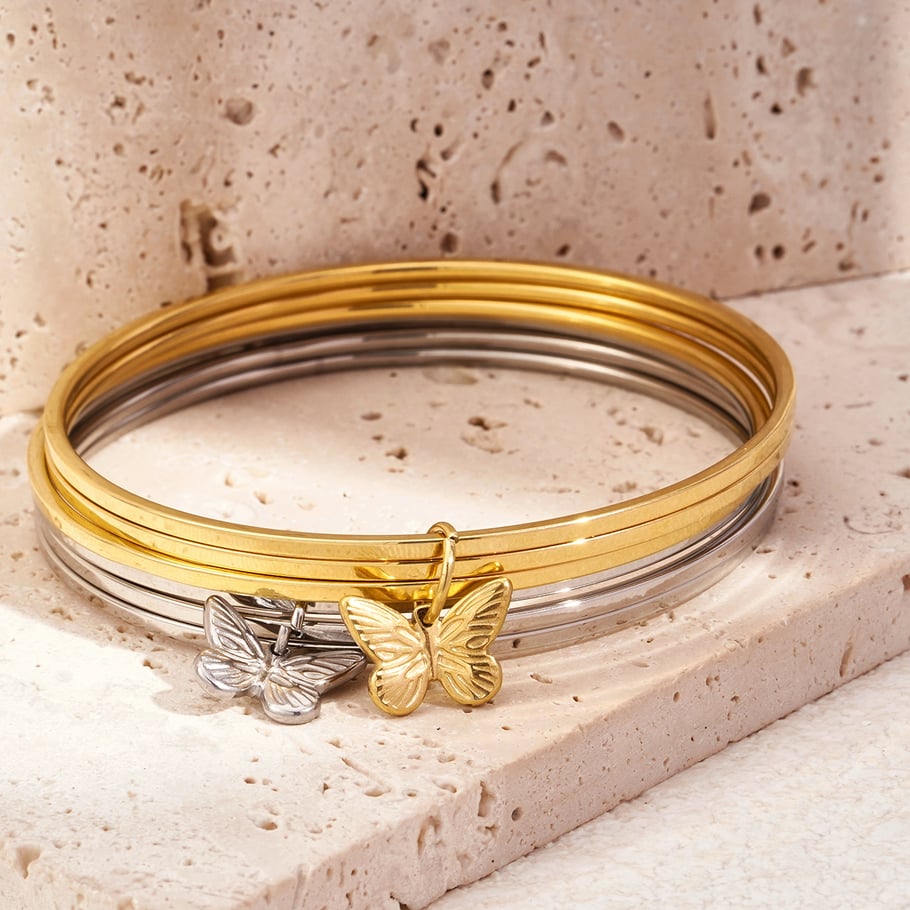 1 Piece Lustrous Series Sweet Butterfly Stainless Steel Gold Color Women's Bangles Picture6