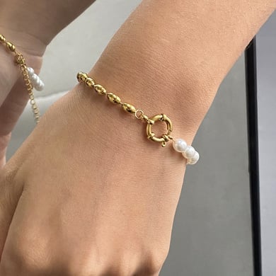 1 Piece Classic Series Europe and America oval Stainless Steel 18K Gold Plated Artificial Pearl Women Beaded Bracelets h5 Picture6
