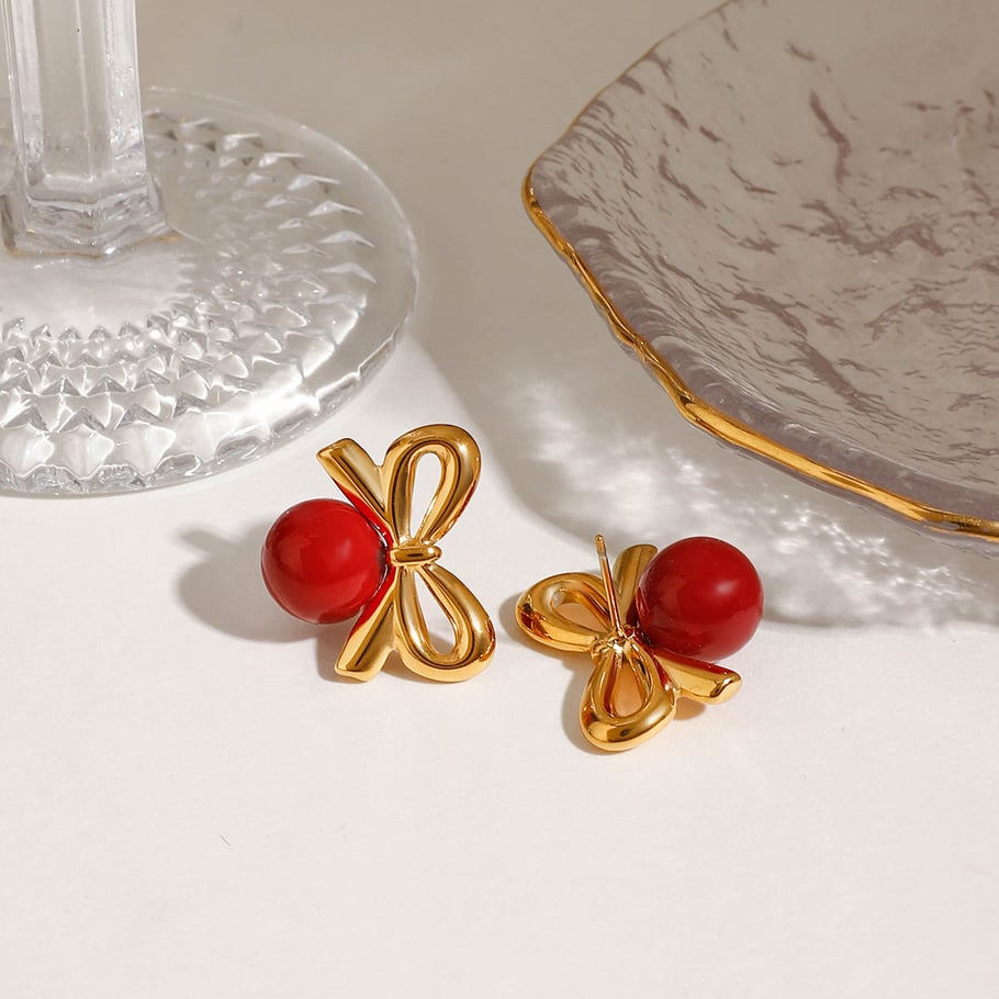 1 Pair Gorgeous Series Retro Bowknot Red Sphere Stainless Steel Gold Color Women's Stud Earrings Picture4
