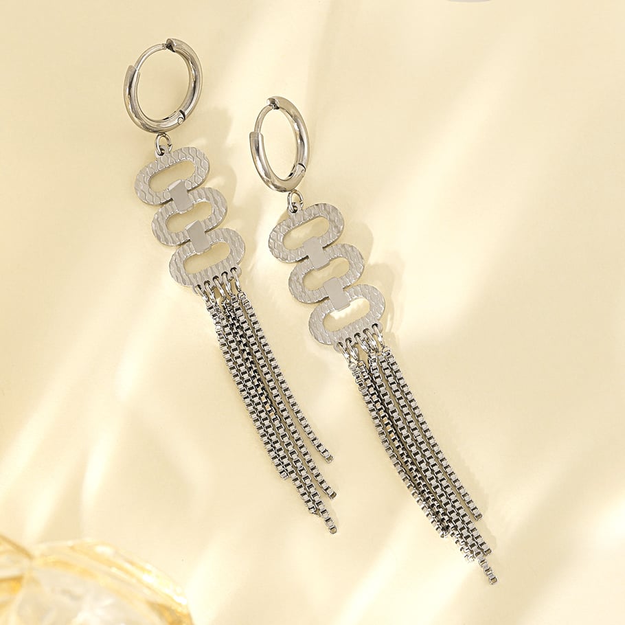 1 Pair Sophisticated Series Sleek Oval Tassel Titanium Steel Gold Color Women's Drop Earrings Picture6