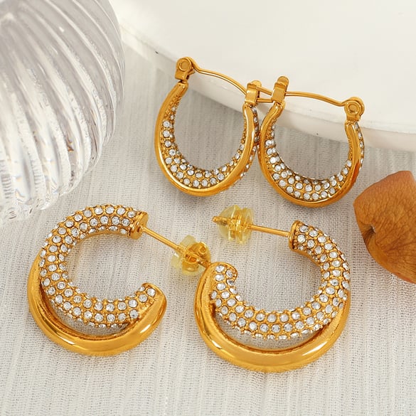 1 Pair Simple Series Classic Geometric Stainless Steel 18K Gold Plated Rhinestone Women Hoop Earrings