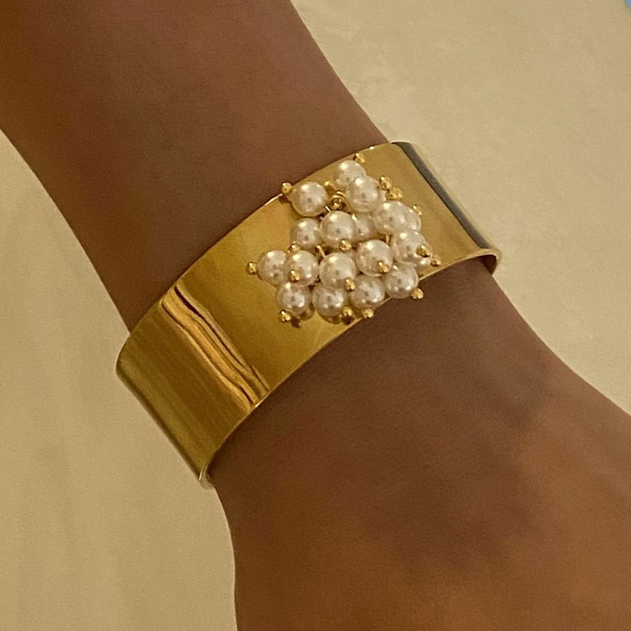 1 Piece Simple Series Retro Geometric Stainless Steel 18K Gold Plated Artificial Pearl Women Bangles Picture3