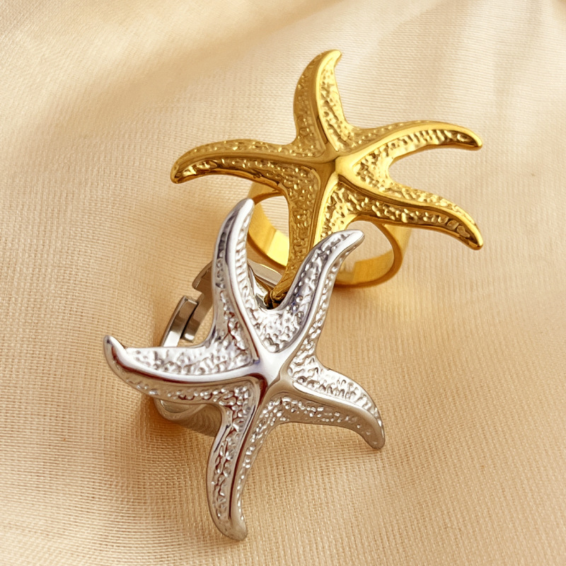 1 Piece Starfish Stainless Steel Gold Color Women's Adjustable Rings Picture4