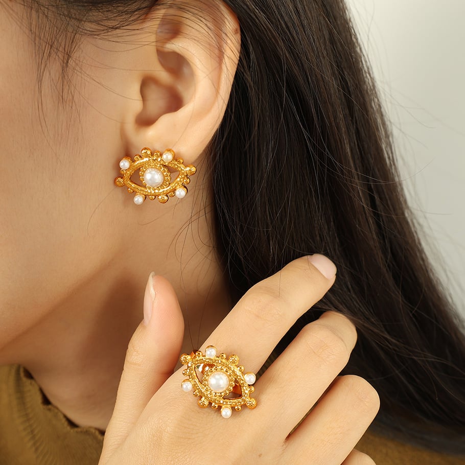 1 Pair Simple Series Punk Eye Stainless Steel 18K Gold Plated Artificial Pearl Women Stud Earrings Picture5