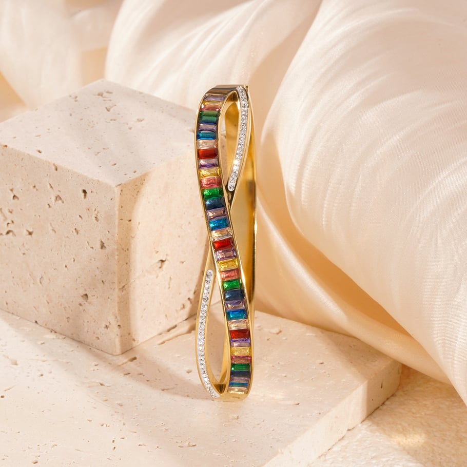 1 pieza de lujosa serie linda mezcla de colores de acero inoxidable color dorado brazaletes para mujer Imagen7