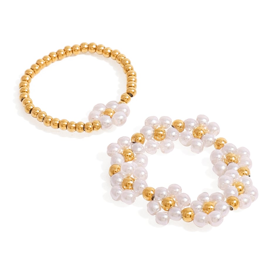 1 Pair Classic Series Elegant Flower Stainless Steel 18K Gold Plated Artificial Pearl Women Adjustable Rings Picture5