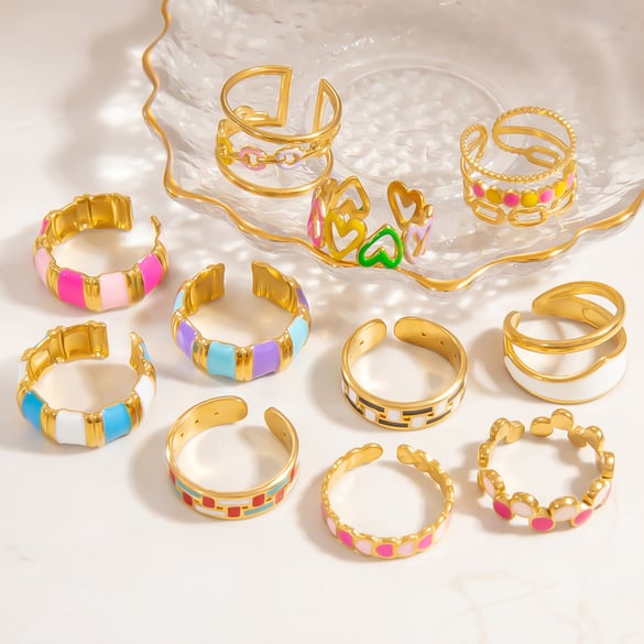 Anillos ajustables para mujer de acero inoxidable color dorado con diseño de corazón de vacaciones de la serie romántica de 1 pieza 2