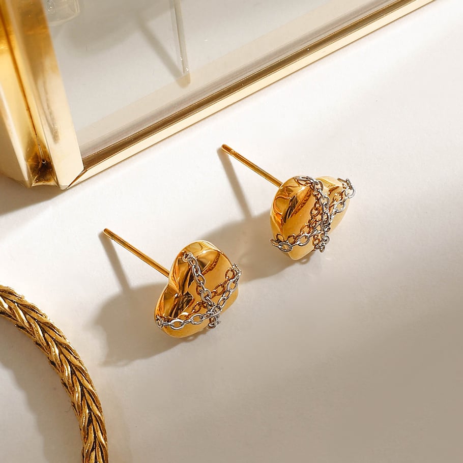 1 par de pendientes de botón de acero inoxidable chapados en oro con forma de corazón punk de la serie romántica para mujer h5Imagen4