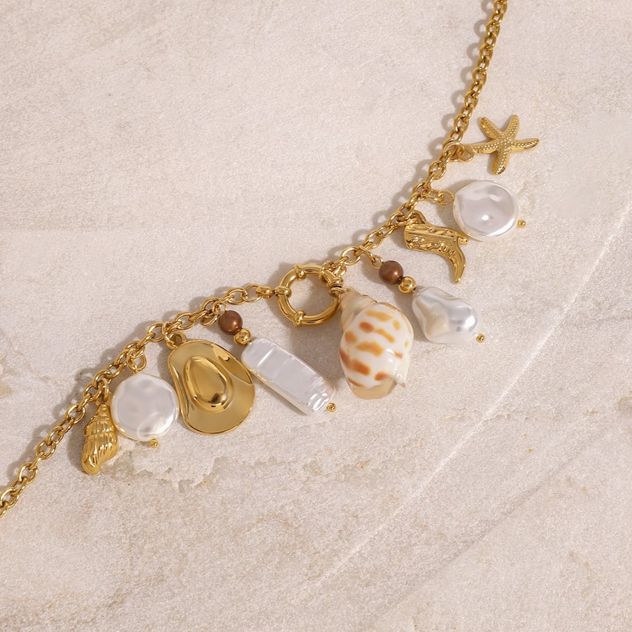 Collar con colgante de tortuga de vacaciones de acero inoxidable chapado en oro de 18 quilates con perlas artificiales para mujer, serie simple, 1 unidad Imagen6