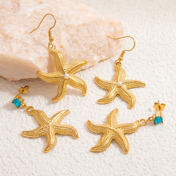 1 Pair Romantic Series Vacation Starfish Exaggerated Stainless Steel Gold Color Women's Drop Earrings 2