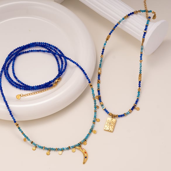 Collar de cuentas de acero inoxidable dorado con diseño retro de ojo étnico para mujer, 1 pieza 2