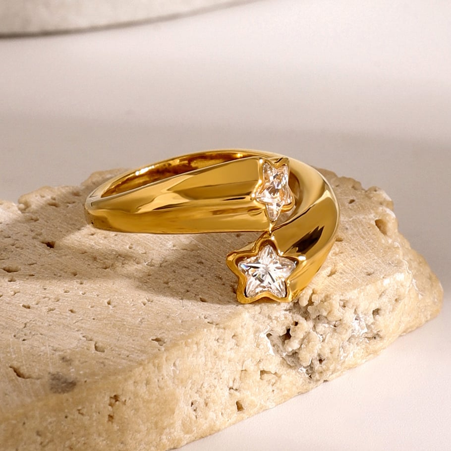 1 Pair Simple Series ins style Pentagram Stainless Steel 18K Gold Plated Rhinestone Women Adjustable Rings Picture3