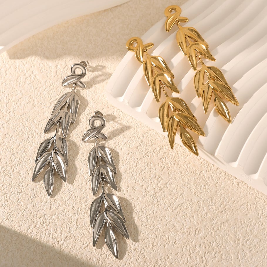 1 Pair Classic Series Natural Leaves Tassels Titanium Steel Gold Color Women's Drop Earrings Picture6