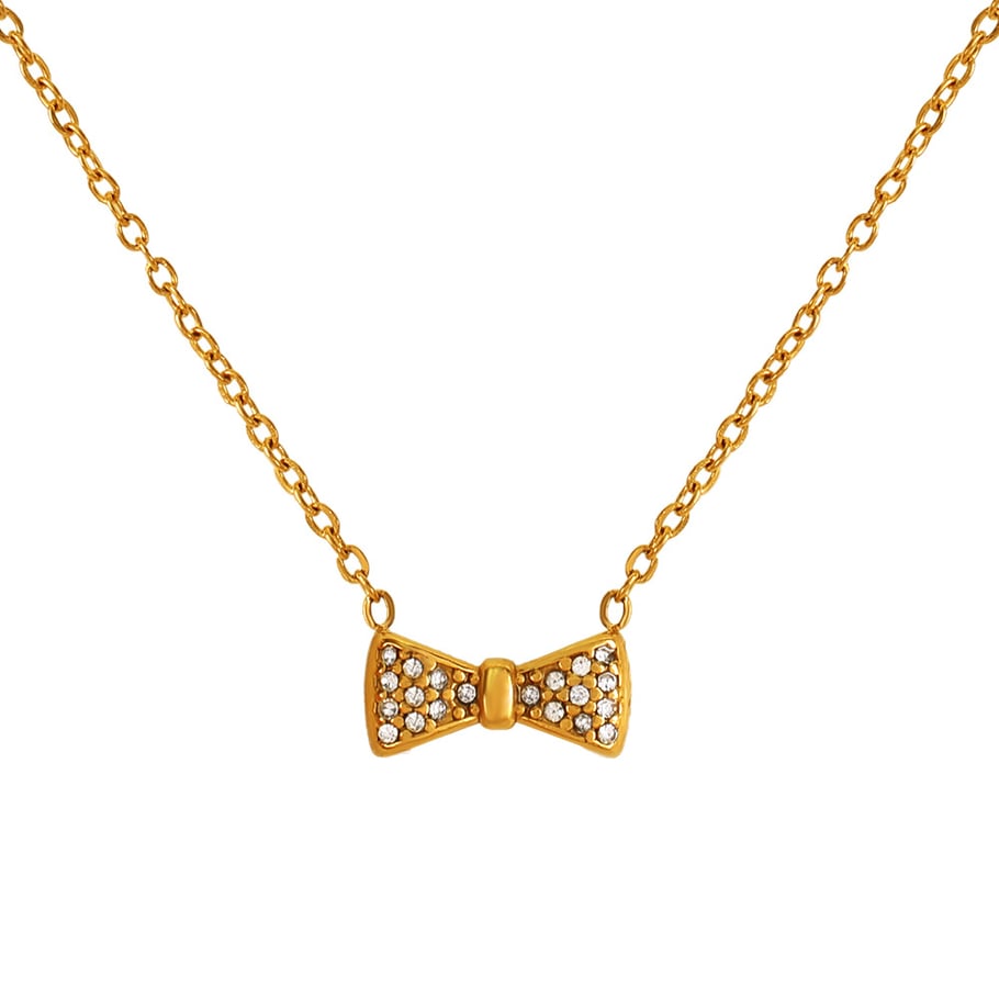 1 Piece Simple Series Sweet Bow Knot Stainless Steel 18K Gold Plated Rhinestone Women Pendant Necklaces Picture6