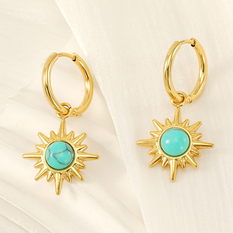 1 Pair Ins Retro Style Eight-pointed Star Shape Stainless Steel 18K Gold Plated Inlay Turquoise Women's Drop Earrings Picture4