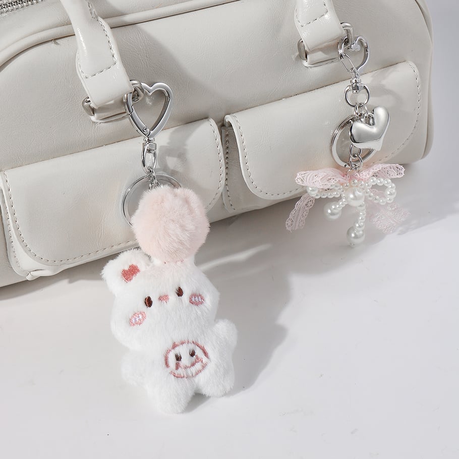 1 Piece Cute White Plush Bunny Beaded Bow Heart Bag Charms Picture4