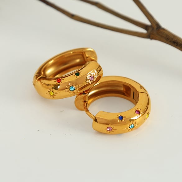 1 Çift Basit Seri Retro Geometrik Paslanmaz Çelik 18K Altın Kaplamalı Yapay Elmas Kadın Halka Küpe