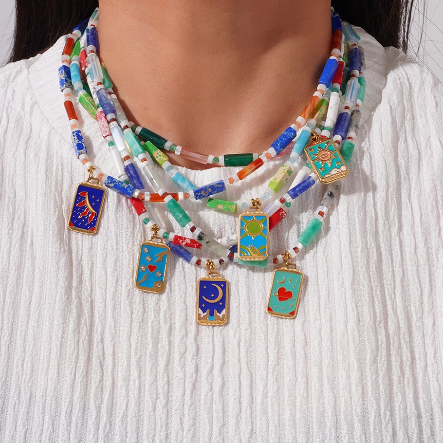 Collana con ciondolo da donna in pietra naturale color oro, serie etnica bohémien, sole/luna, in acciaio inossidabile. Immagine8