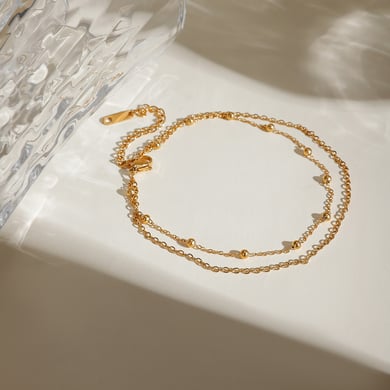 Sommeraccessoires neue europäische und amerikanische Nischenmode Allgleiches 18 Karat Gold Edelstahl Doppelschicht Runde Perlenkette Fußkettchen Schmuck weiblich h5 Bild3