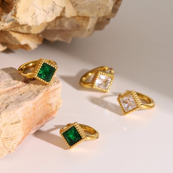 1 Pair Romantic Series Retro Geometric Stainless Steel 18K Gold Plated Artificial Gemstone Women Hoop Earrings 2