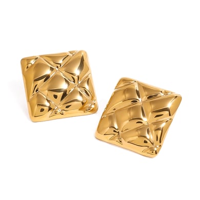 1 Pair Classic Retro Style Plaid Square Shape Stainless Steel 18K Gold Plated Women's Stud Earrings h5 Picture5