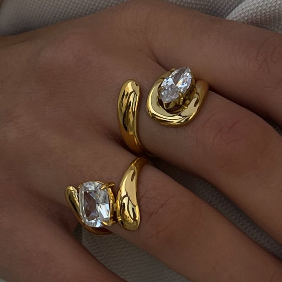 1 paar luxe serie ins stijl onregelmatige roestvrij staal 18K vergulde strass dames enkele ringen Afbeelding15