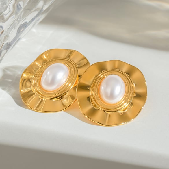 1 par de aretes de botón para mujer, de acero inoxidable, chapados en oro de 18 quilates, con diseño geométrico retro de la serie clásica 2