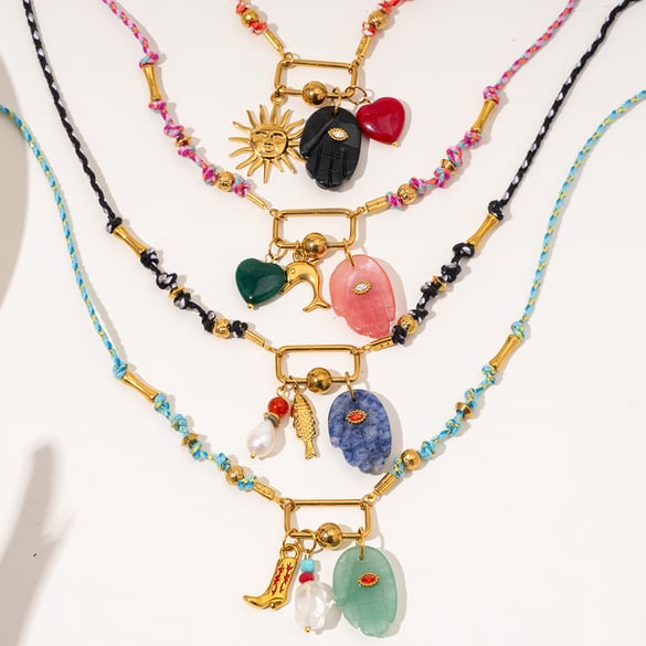 1 Piece Handcrafted Series Bohemian Hand Stainless Steel Gold Color Natural Stone Women's Pendant Necklaces