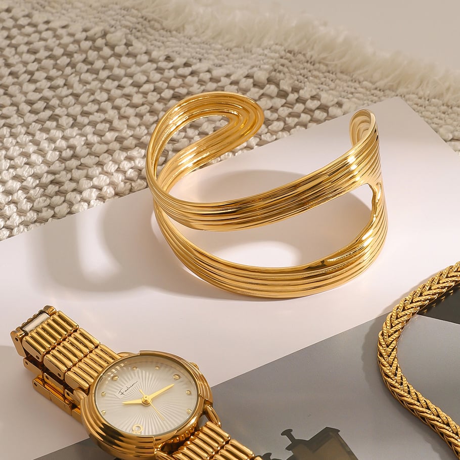 1 Piece Simple Series Elegant Solid Line Stainless Steel Gold Color Women's Bangles h5Picture5