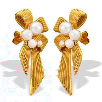 1 Pair Classic Series Retro Bow Knot Stainless Steel 18K Gold Plated Artificial Pearl Women Drop Earrings h5 Picture4