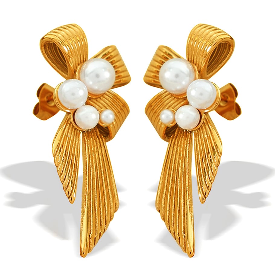 1 Pair Classic Series Retro Bow Knot Stainless Steel 18K Gold Plated Artificial Pearl Women Drop Earrings Picture4