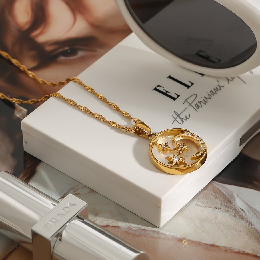 Collar con colgante de acero inoxidable dorado para mujer, serie lujosa de Europa y América, con lunas. Imagen7
