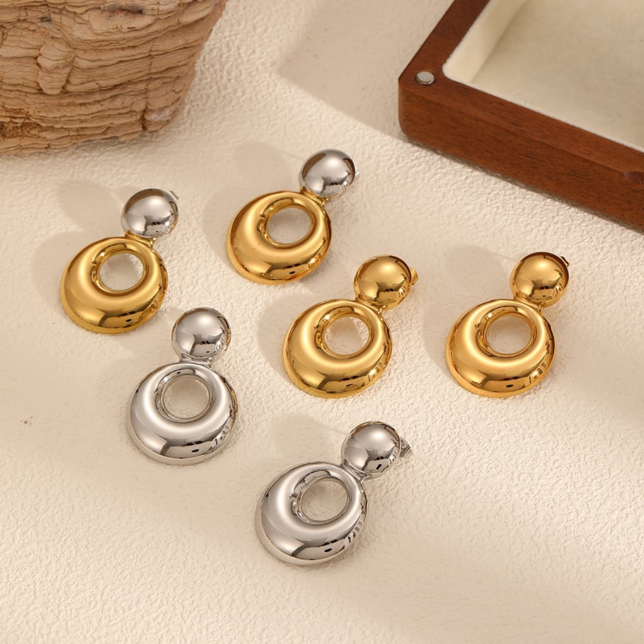 1 Pair Simple Series All-match Double Round Stainless Steel Gold Color Women's Stud Earrings Picture4