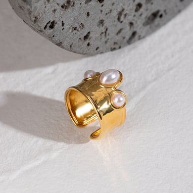 1 Paar Ethnische Serie Retro Geometrische Edelstahl 18K Vergoldet Künstliche Perle Frauen Verstellbare Ringe h5 Bild3